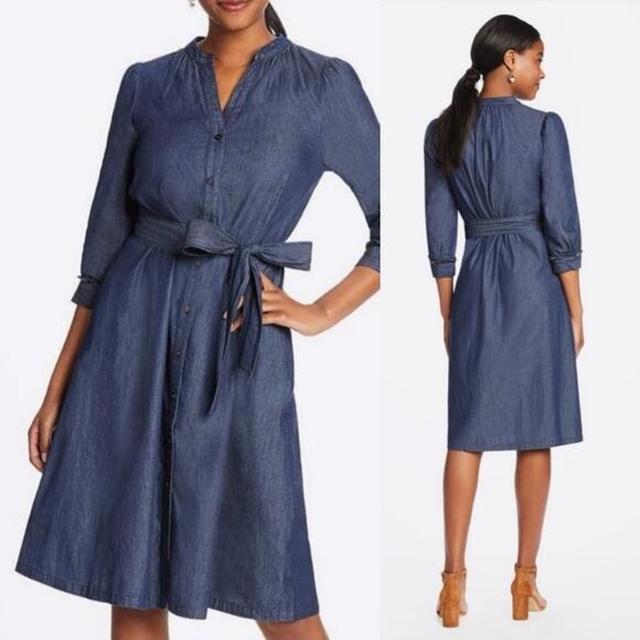Draper James Shirt Dress Chambray Belted 100% Cotton Long Sleeve Minimalist  8 - Picture 2 of 12